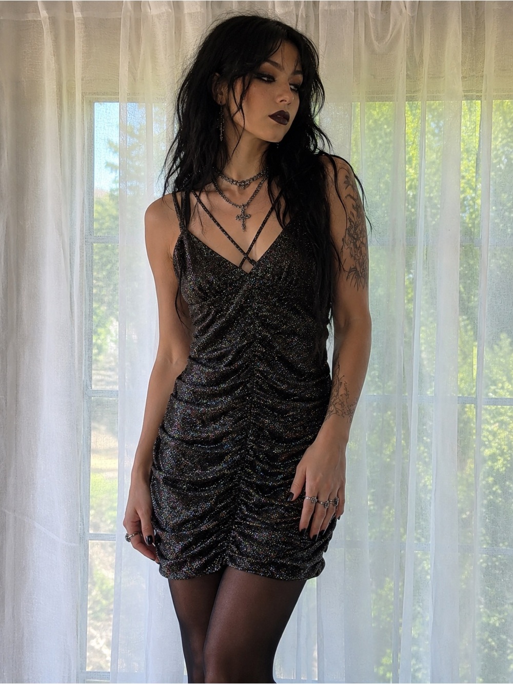 Wild Fable Black Glitter Ruched Bodycon Mini Dress Women’s Large Goth Party